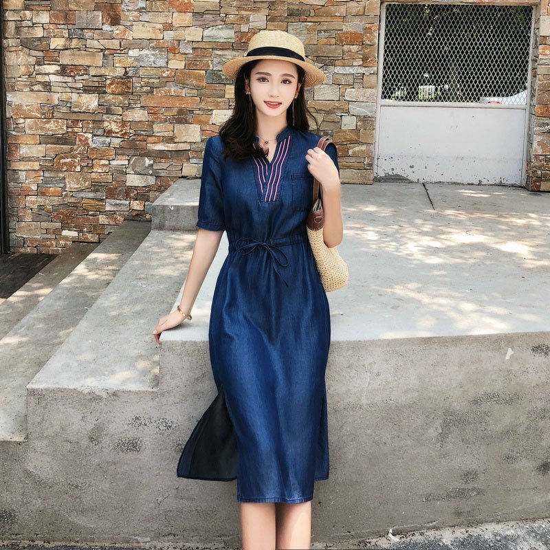 ĐẦM JEAN DENIM XÒE CỔ TRỤ PHỐI VIỀN